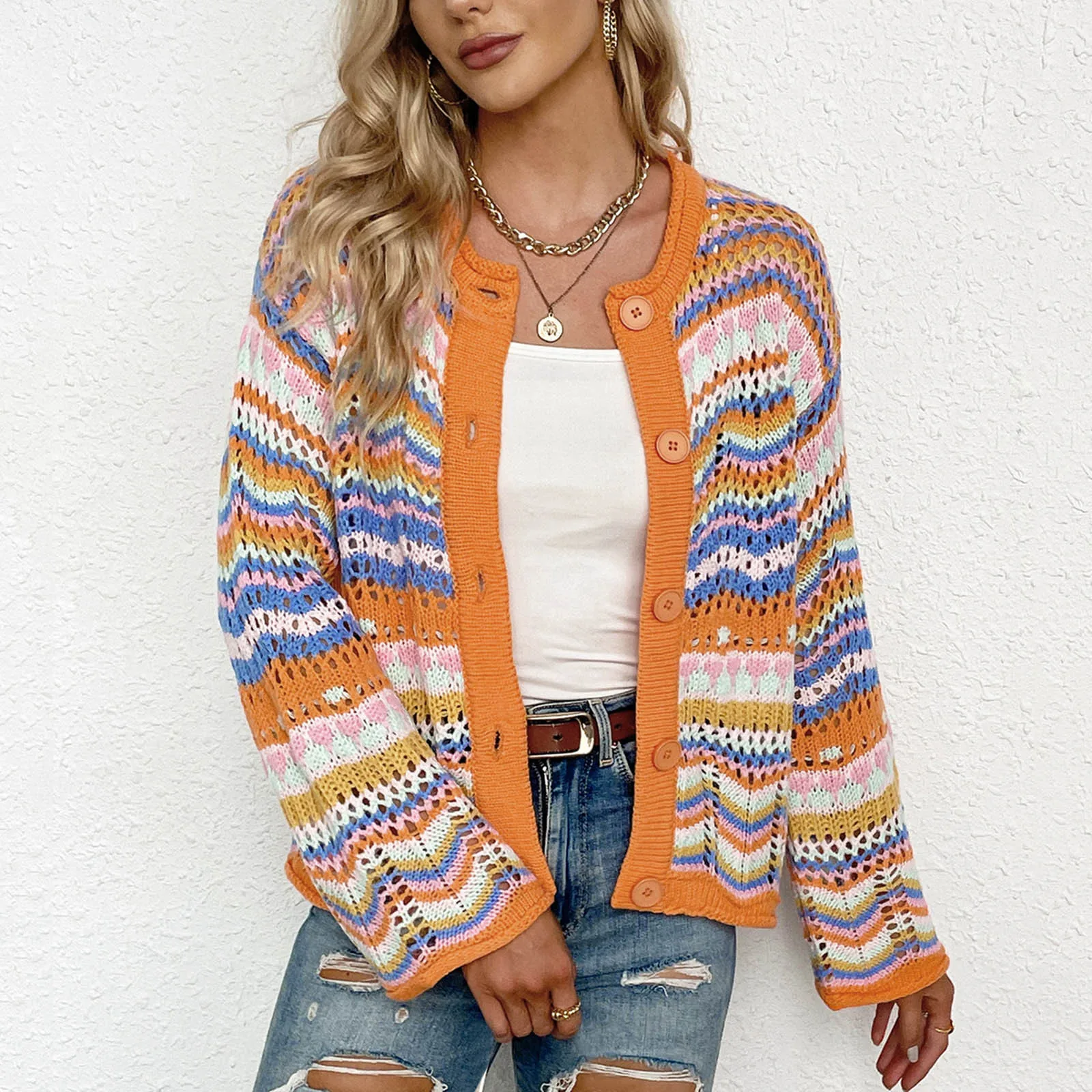 2021 Sweaters Women's Slim V-neck Rainbow Long Sleeve Knit Cardigan Jacket Contrast Color Regular Sweater Women Кофта Женская