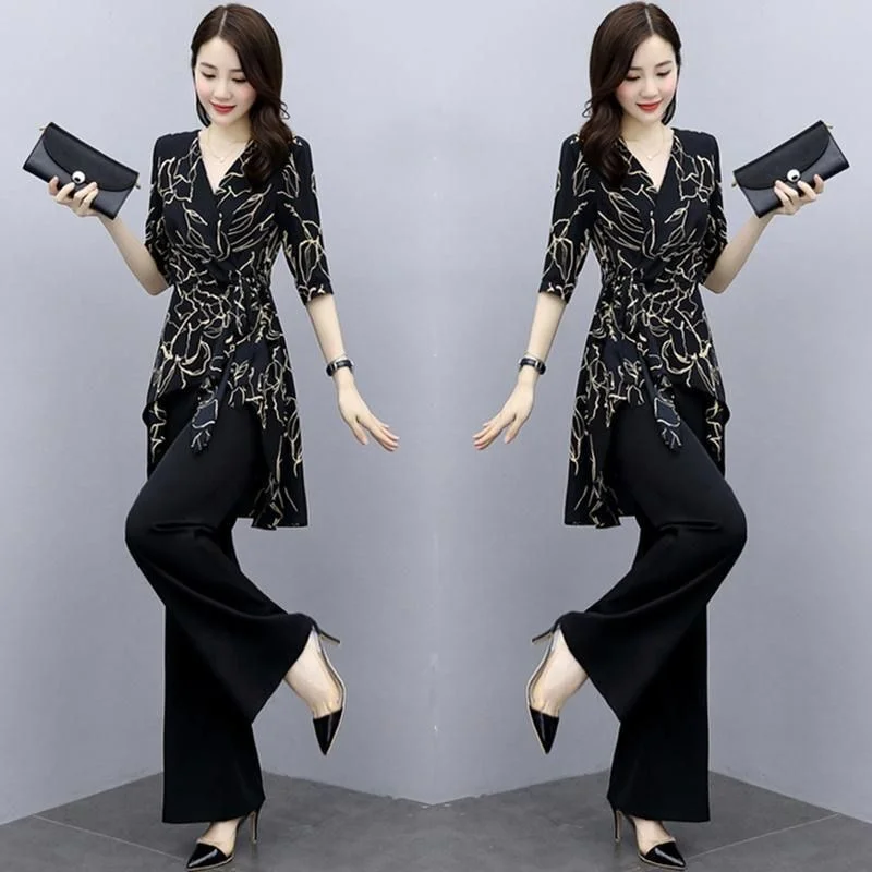 Women\'s Suit 2022 Summer New Elegant Short Sleeve Fashion Loose Crop Top High Waist Wide Leg Pants 2 Piece Set Plus Size Clothes