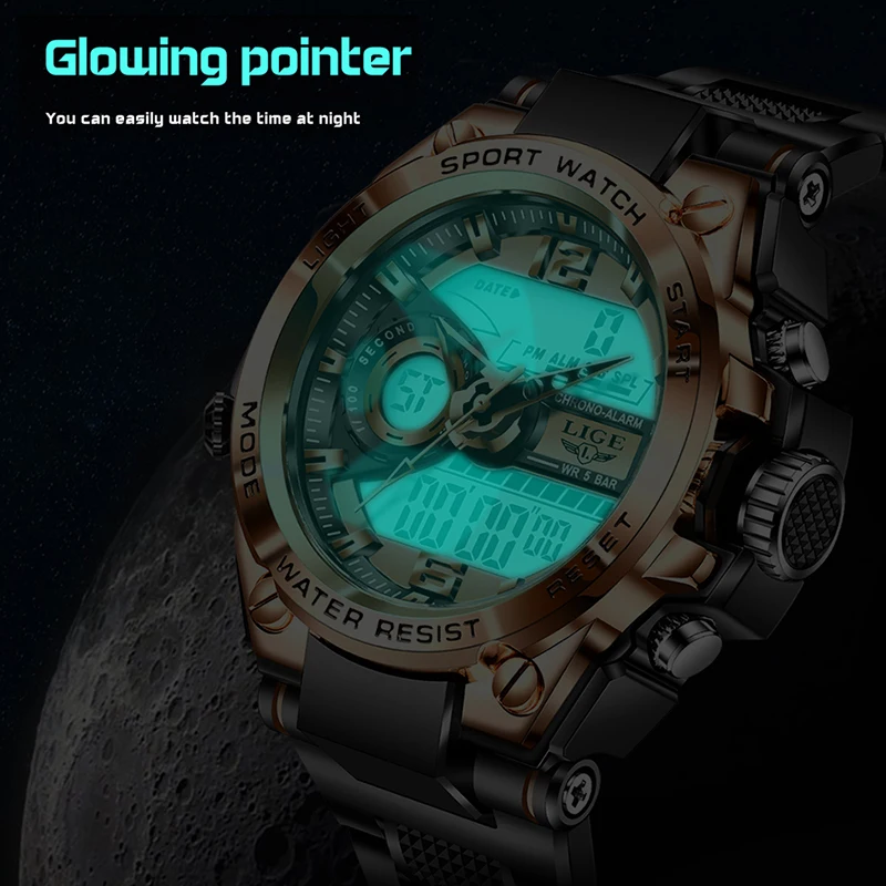 2021 LIGE Sport Men Quartz Digital Watch Creative Diving Watches Men Waterproof Alarm Watch Dual Display Clock Relogio Masculino