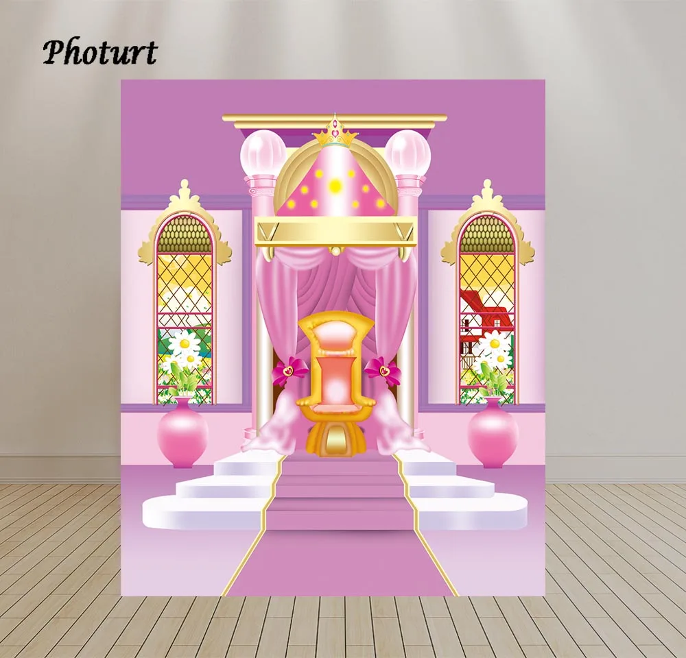 PHOTURT Royal Princess Palace Backdrop Girl Birthday Party Photography Background Pink Golden Photo Banner Vinyl Decorate Props