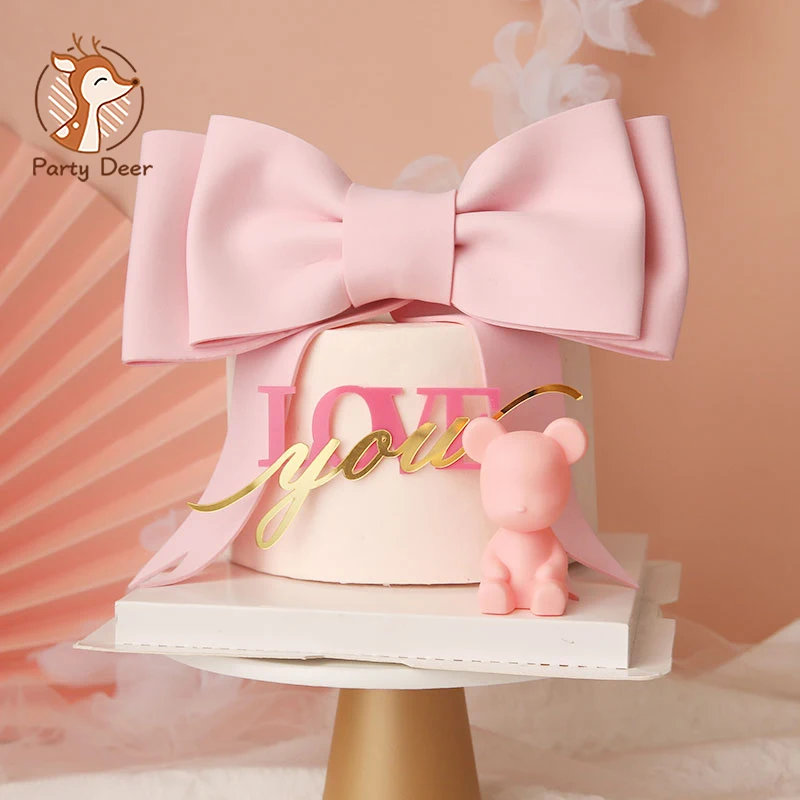 Creative Foam Cake Decoration Pink Bow Baby Shower Happy Birthday Cake Toppers for Girl`s Birthday Cake Dessert Decor Supplies