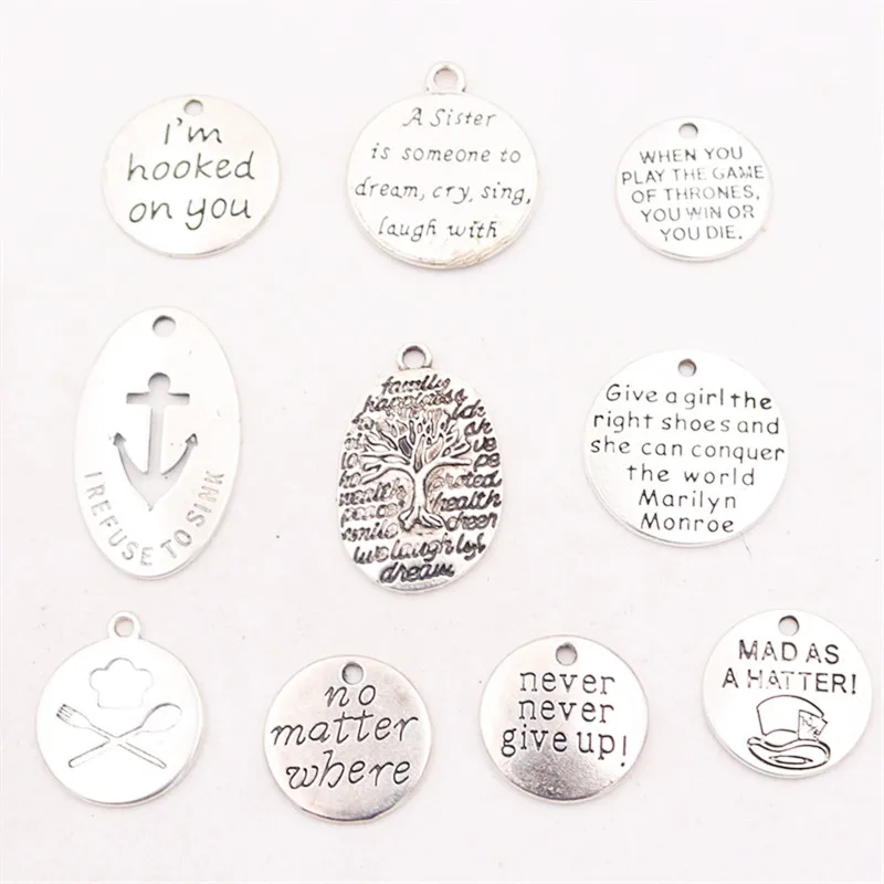 10pcs Retro Inspirational Quotes Series 2 Metal Tag Pendant DIY Charm Fashion Necklace Bracelet Jewelry Handicraft Accessories