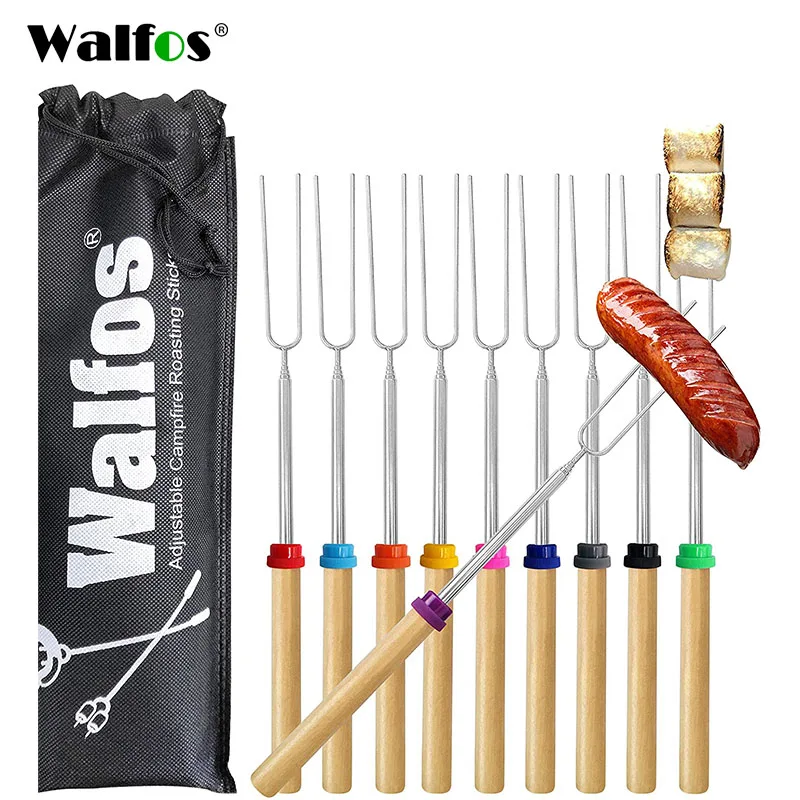 WALFOS  Camping Cookware Stainless Steel BBQ Marshmallow Roasting Sticks Extending Roaster Telescoping Forks for Kids