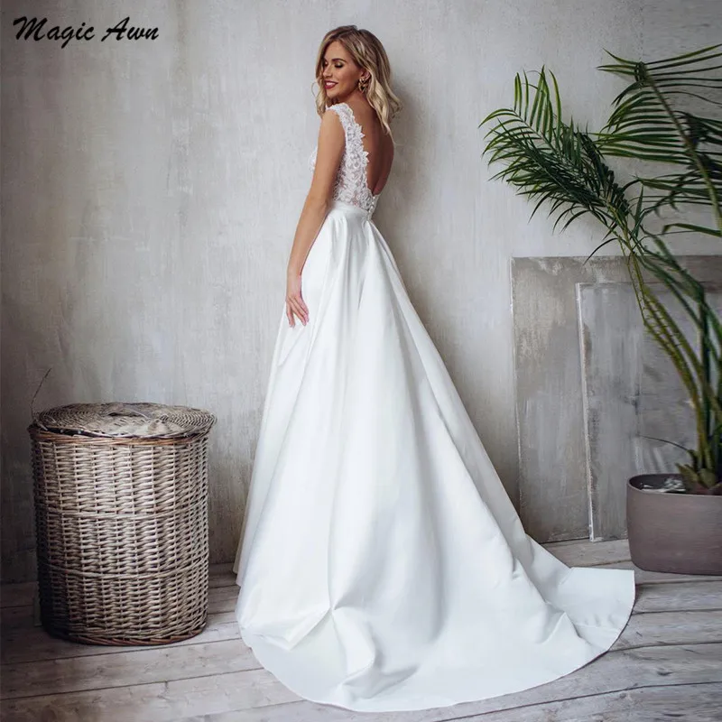 Magic Awn-Vestidos de novia de satén con encaje, ropa de novia Bohemia con escote en V, Espalda descubierta, línea A, tren de barrido, Princesa, elegante, 2021