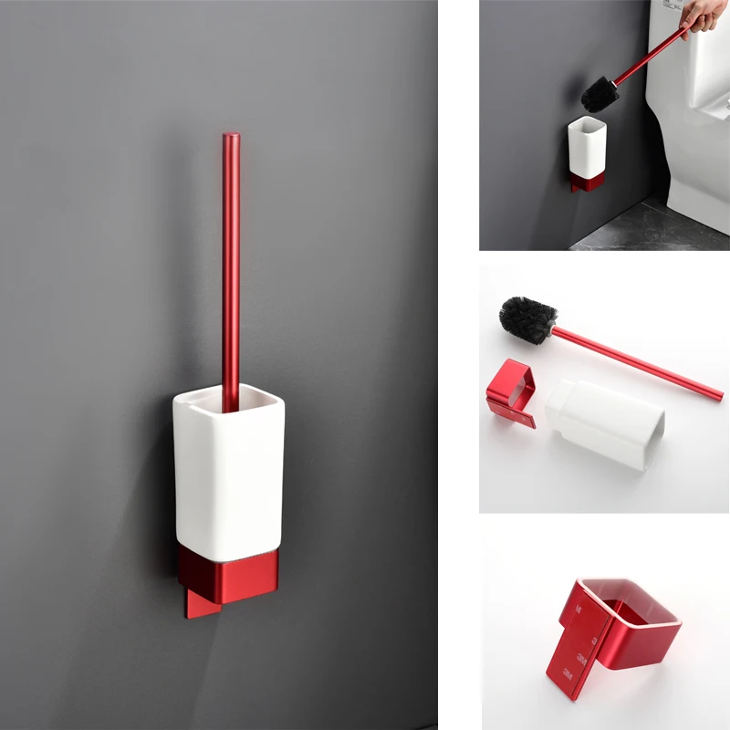 Aluminum Bathroom Accessories Sets 3M Tape Toilet Brush Holder Ceramic Toilet Roll Paper Holder Red Robe Hook Towel Holder