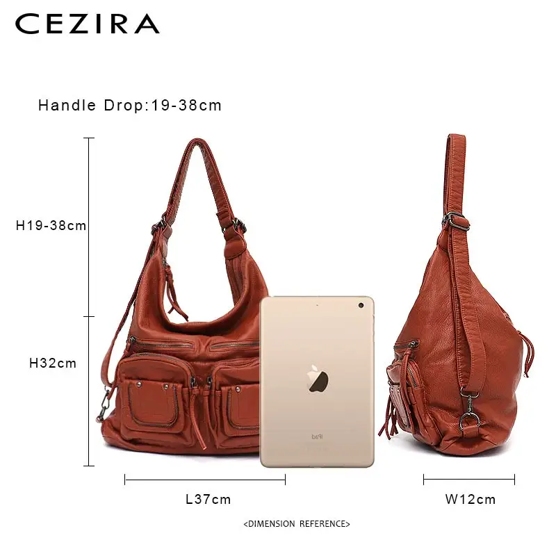 CEZIRA Large Soft Casual Women Bags Functional Girl School Backpack PU Leather Bag Ladies Multi Pockets Messenger&Shoulder Bag