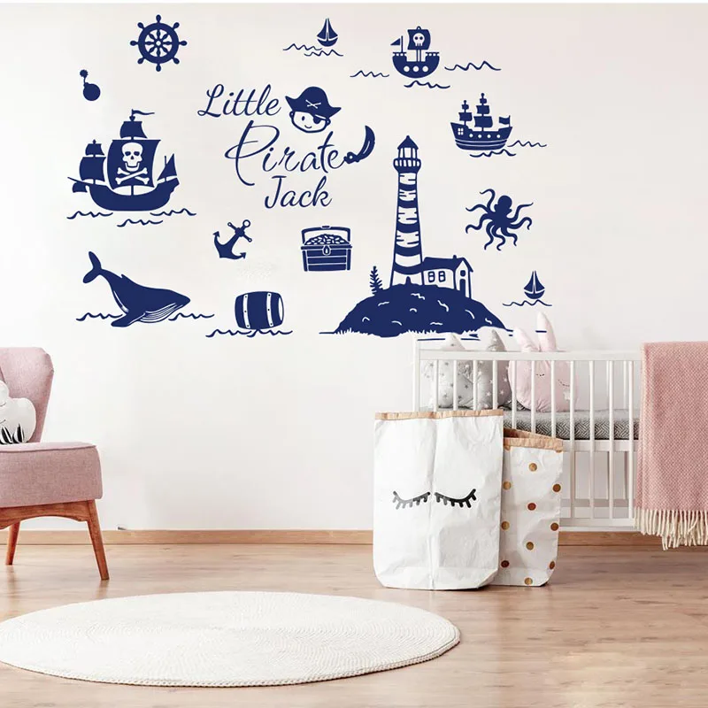 Custom Name Pirates Lighthouse Sailing Boat Wall Decal Boy Room Kids Room Nautical Adventure Explore Wall Sticker Playroom