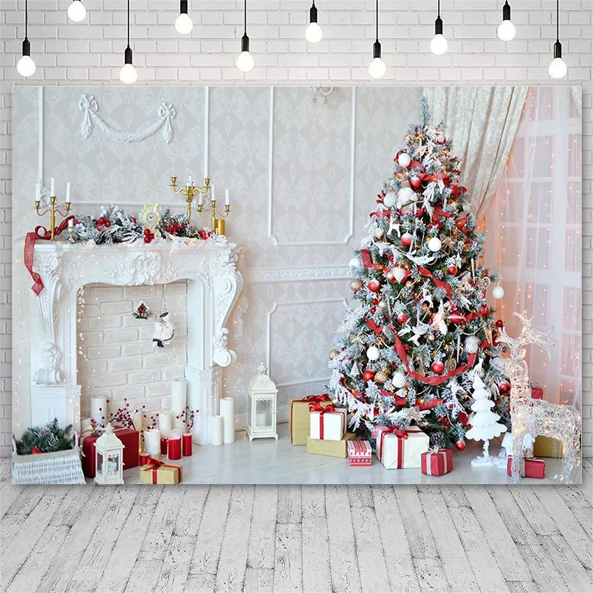 

Avezano Backdrop Winter Merry Christmas Tree Fireplace Candle Gift Bell Decor Photography Background For Photo Studio Photophone