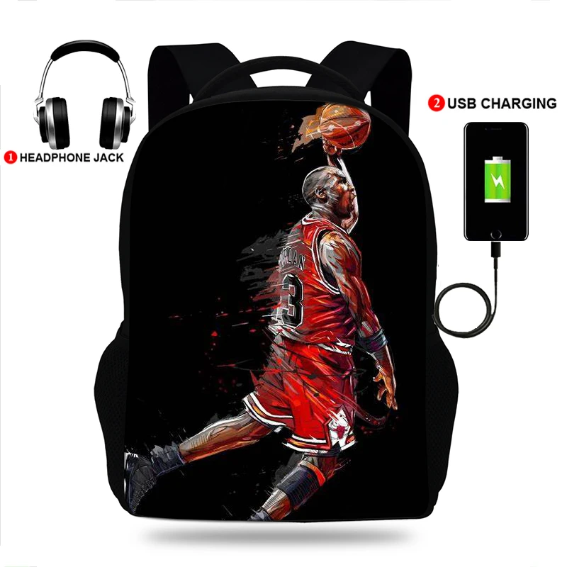 17inchLuxury Basketball Basket Print College Backpack usb Charger Schoolbag Laptop Backpacks for Teenage School Bag Boys Mochila