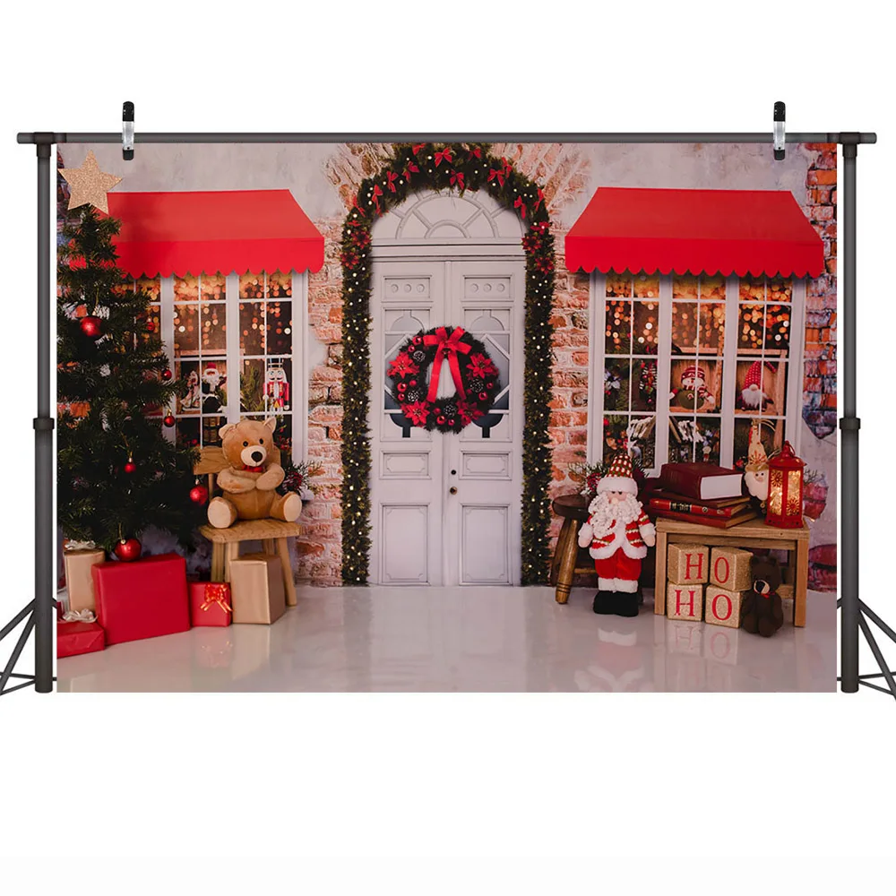 Merry Christmas Shop Store Phtoography ฉากหลังของเล่น Windows ทารกแรกเกิดเด็กหมีซานตาคลอสพื้นหลังสำหรับ Photo Studio Photocall