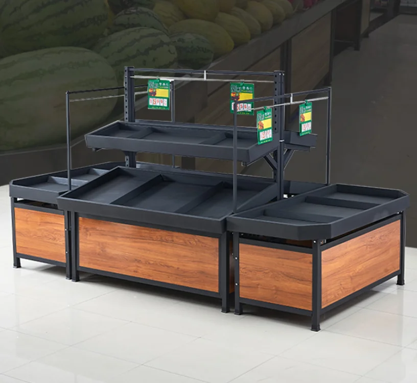 Supermarket fruit shelf vegetable shelf steel wood shelf fruit and vegetable fresh display multi-layer shelf Island shelf