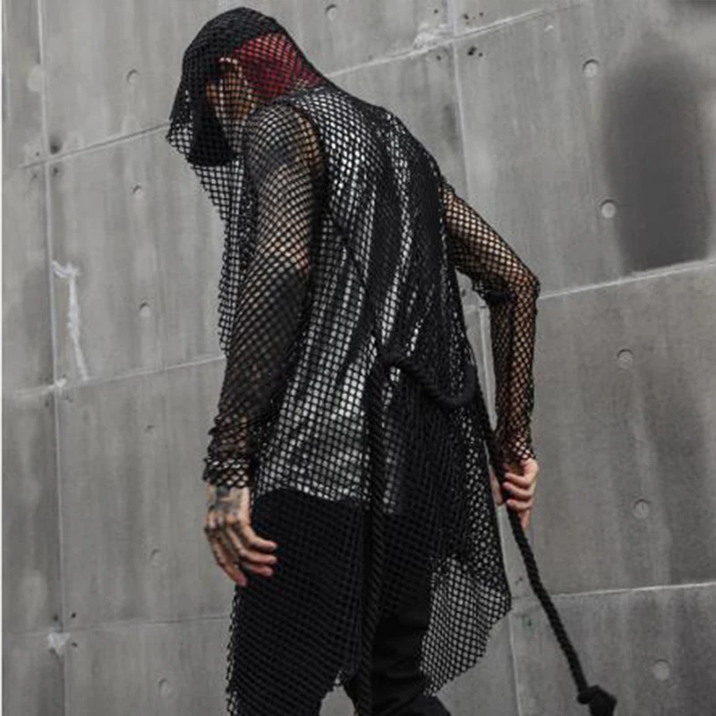 Nightclub DJ singer sexy mesh hip hop punk rock t shirt long tops with waist rope mens harajuku gothic hooded tee shirts cloak