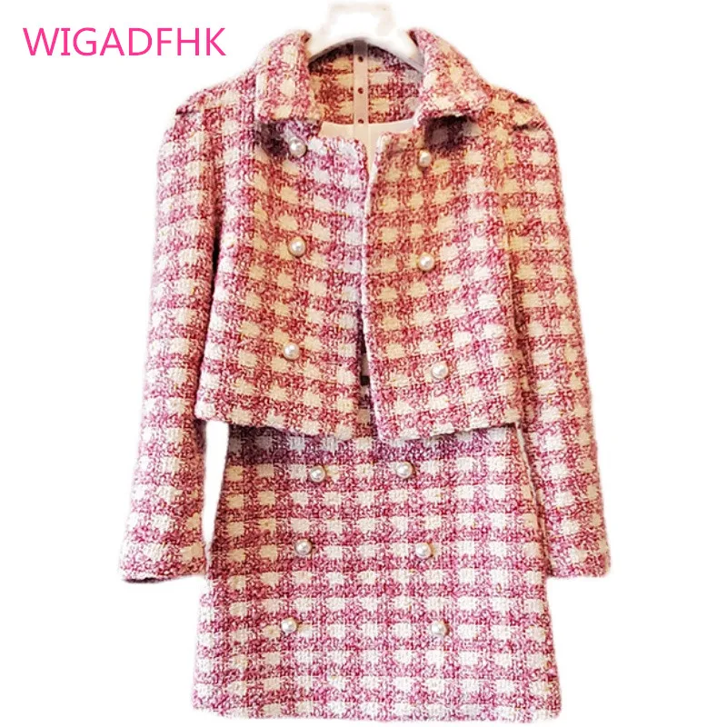 

WIGADFHK Fashion Designer Autumn 2021 Winter Plaid Tweed Suit Women Long sleeve Double breasted Coat and Skirts Two Piece Set