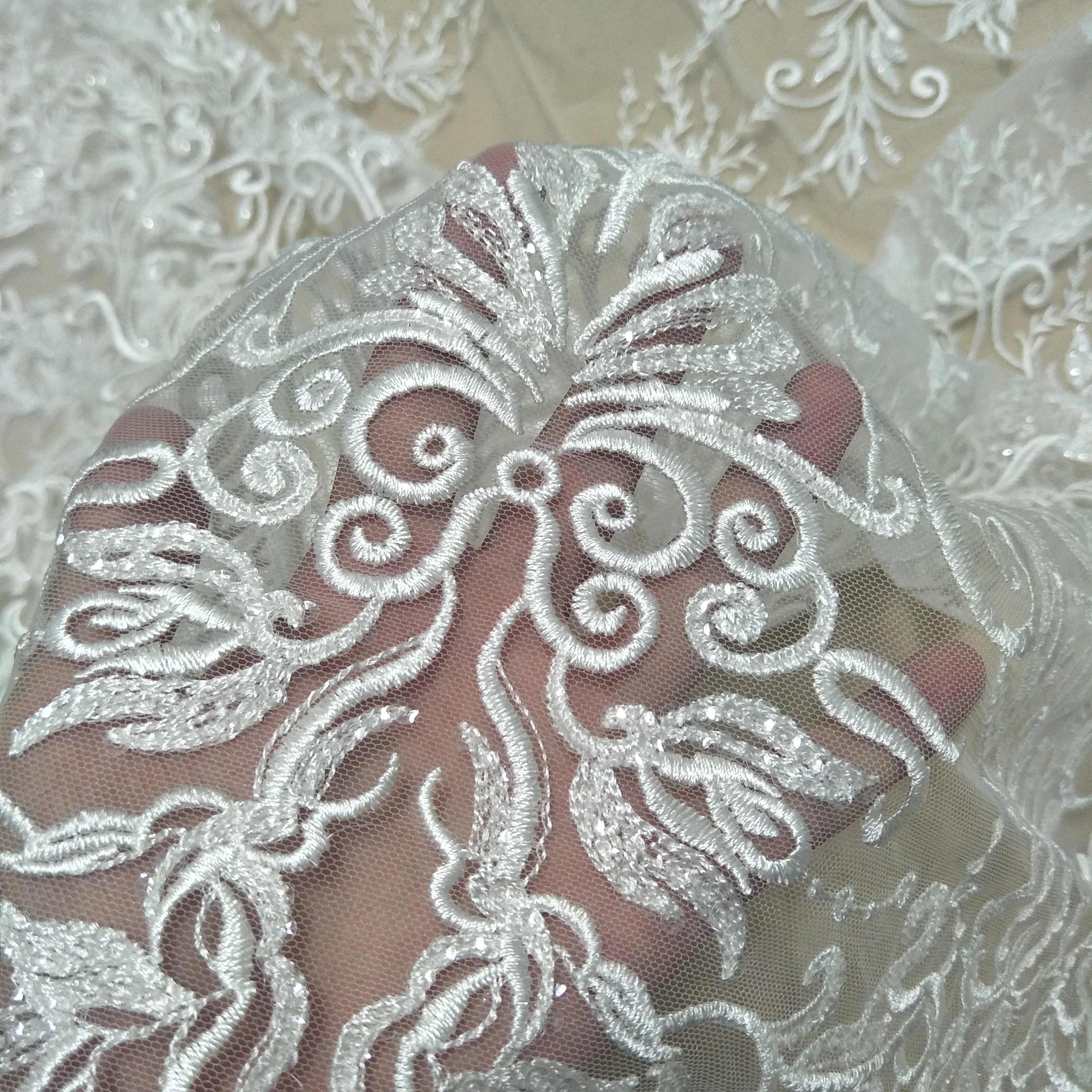 fashion bridal lace fabric 130cm width wedding dress lace fabric sequins lace fabric sell by yard