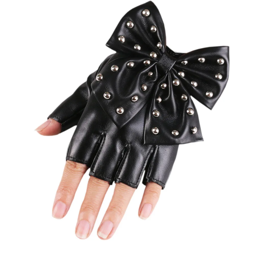 New Women Bowknot Rivet Stage Performance Leather Half Finger Gloves Fashion Sexy Personality Female Nightclub Hip Hop