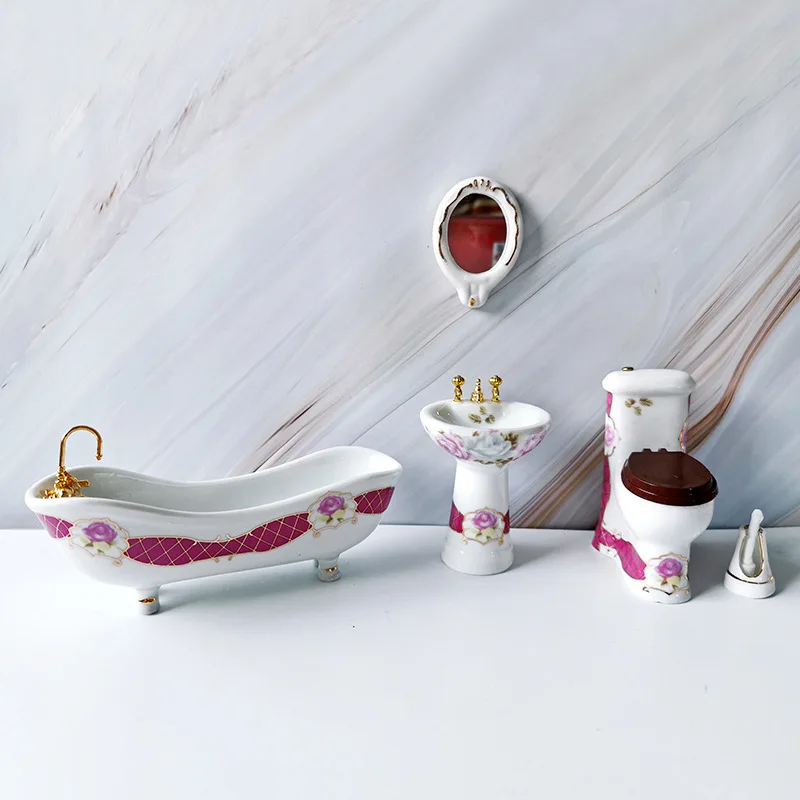 

1:12 Porcelain Dollhouse Bathroom Set - Bathtub, Pedestal Sink, Working Toilet, Mirror, Brush Holder