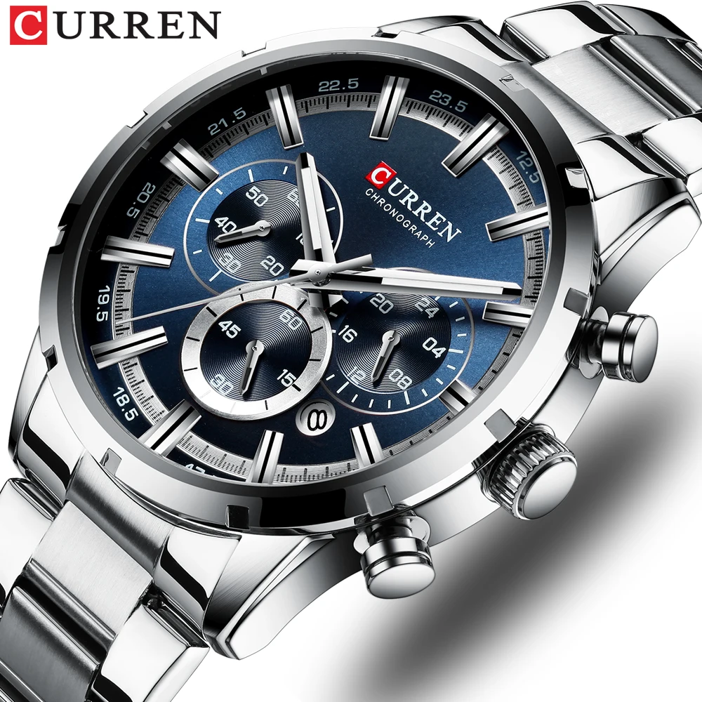 CURREN Top Brand Military Quartz Watches Silver Blue Mens Stainless Steel Chronograph Wristwatch for Male Casual Sporty Clocks