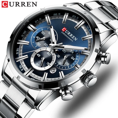 Relojes CURREN de cuarzo militar de la mejor marca, reloj de pulsera cronógrafo de acero inoxidable para hombre azul plateado, relojes deportivos informales para hombre