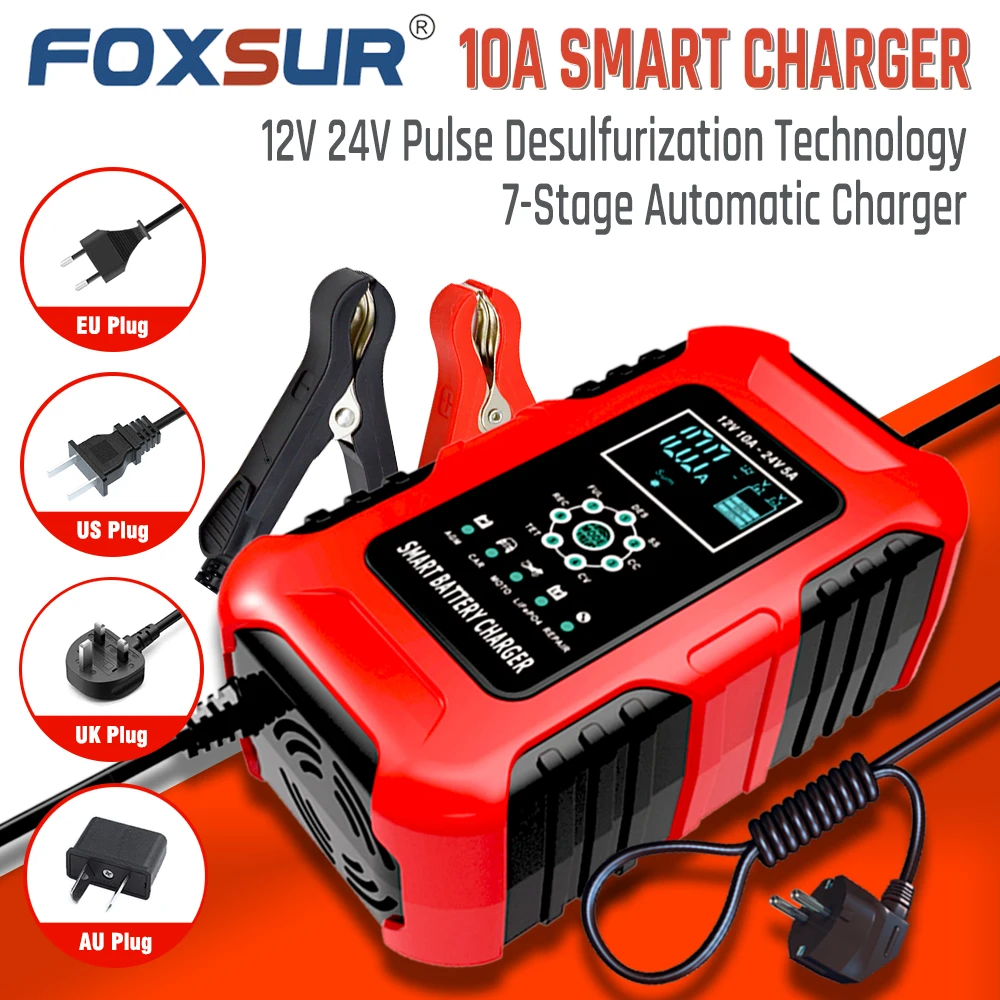 Foxsur Autobatterie ladegerät 12V 24V Motorrad Agm Gel nass lifepo4 Blei Säure automatische Impuls reparatur schnelles Desulfator Zubehör