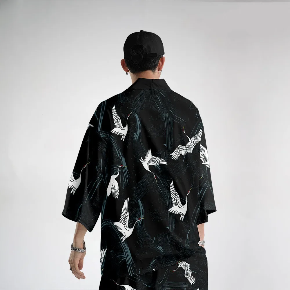 Oversize 6XL Men Kimono Cardigan Trousers Suit Japanese Print Crane Yukata Robe Set Novelty Jacket Chinese Style Tang Suit