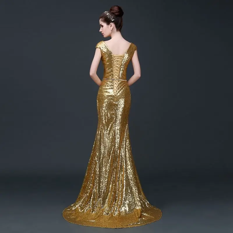 Trompete Gold Pailletten Elegant Ärmel Vestidos De Fiesta De Noche Prom Party Abendkleider Robe De Soiree 2020 Neue