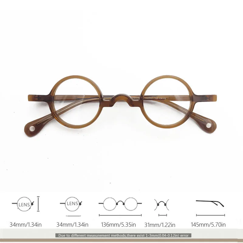 Vintage transparent brown small round frame acetate myopia prescription optical retro glasses with lens diameter 34mm retro