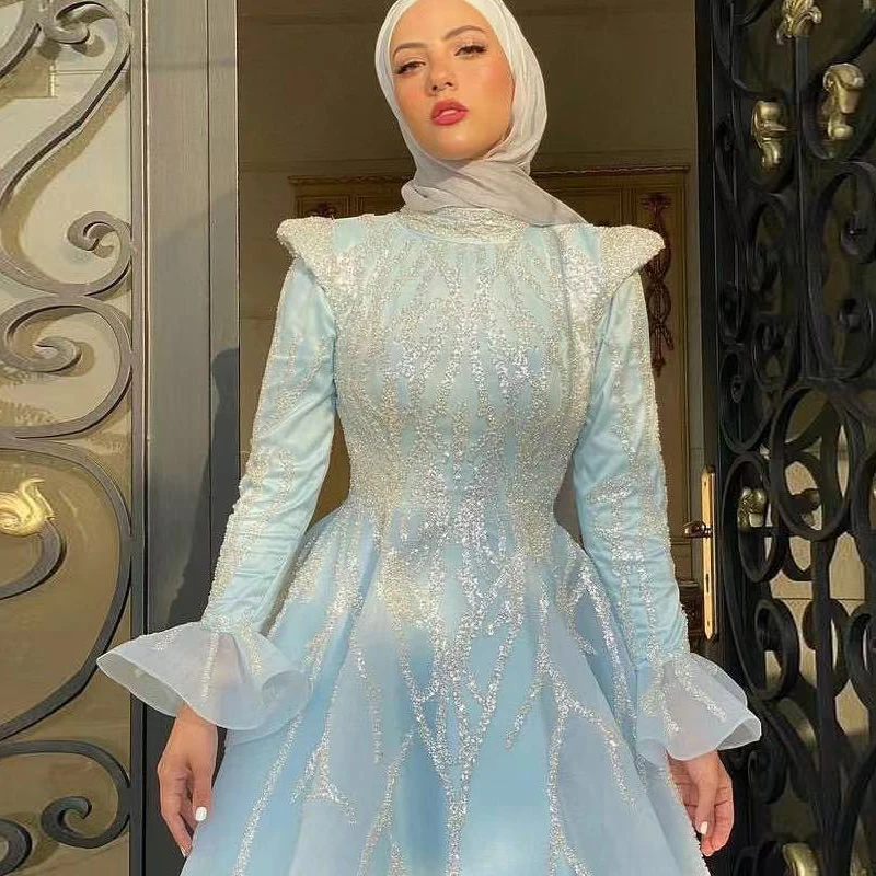 Elegant Blue Muslim Prom Dresses High Collar Long Sleeve Beading Arabic Dubai Evening Party Gowns A Line Ankle Length Vestidos