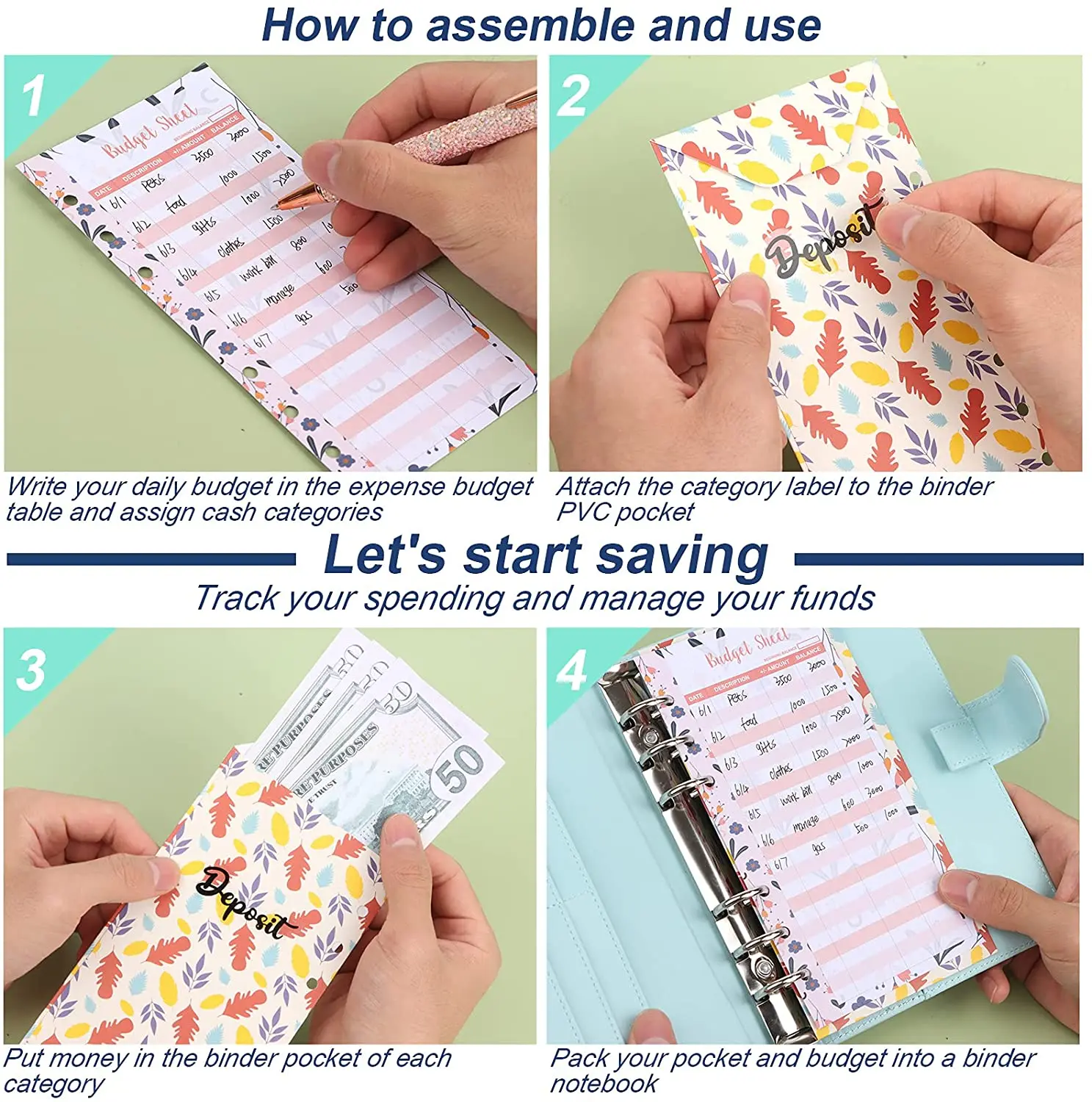 A6 PU Leather Notebook Binder Money Envelope for Budgeting,with Cash Envelopes,Letter Sticker, Expense Budget Sheets,Blank Label