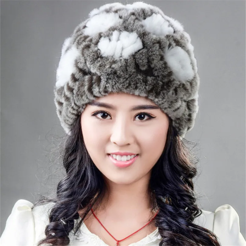 

Knitted Women Winter Hat of 100% Natural Rex Rabbit Fur Lady Warm Real Fur Caps Good Elastic Beanies H35