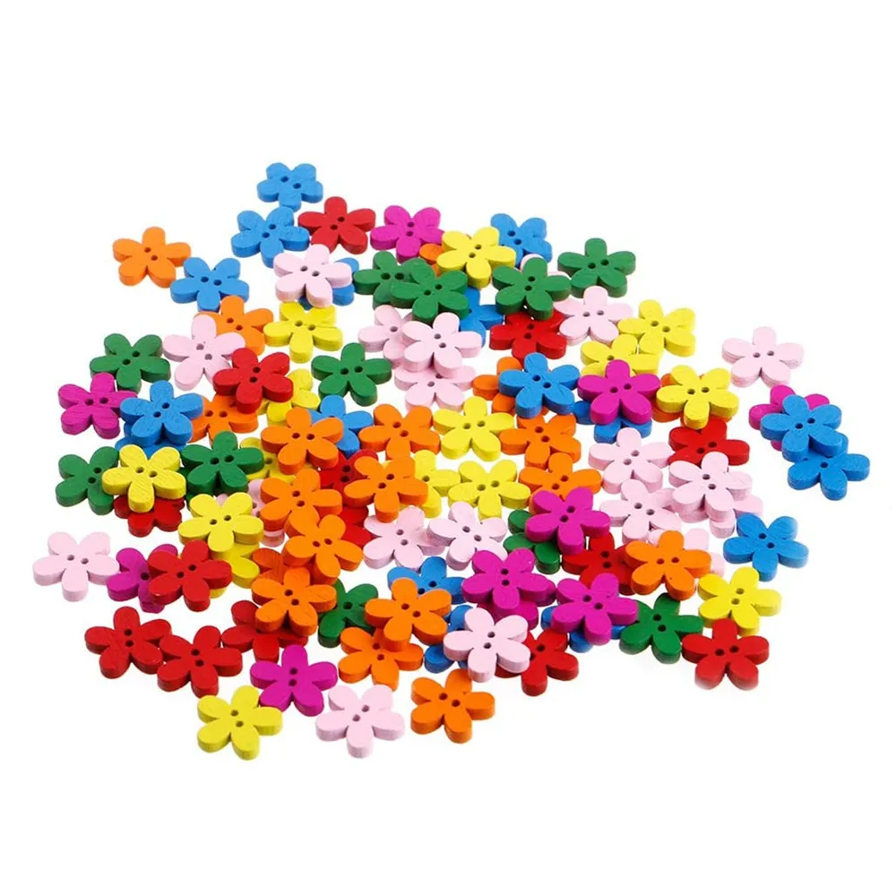 100 Pcs 15mm Colorful Flower Flatback Wooden Buttons , for Sewing, Scrapbooking Crafts , 7NK75