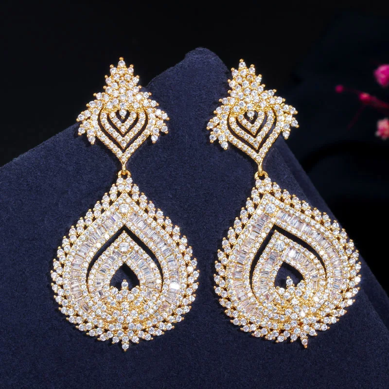 CWWZircons Luxury 585 Gold Color African Nigerian Cubic Zirconia Big Long Naija Wedding Party Women Dress Earrings CZ636