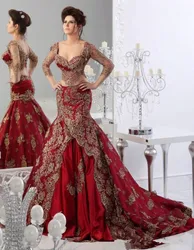 Two Pieces Wedding Dresses Mermaid Sweetheart 2025 Indian Abaya dubai lace Burgundy Bridal wedding Gowns with long sleeve