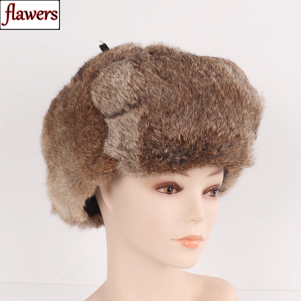 

New Russian Women Full Pelt 100% Natural Rabbit Fur Bomber Hats Unisex Winter Warm Fluffy Real Fur Hat Outdoor Lady Fur Cap