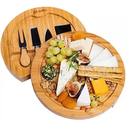 Bamboo Cheese Board Set with Sliding Drawer, Rotating Plate for Wooden Cutting Wood Charcuterie with Trays