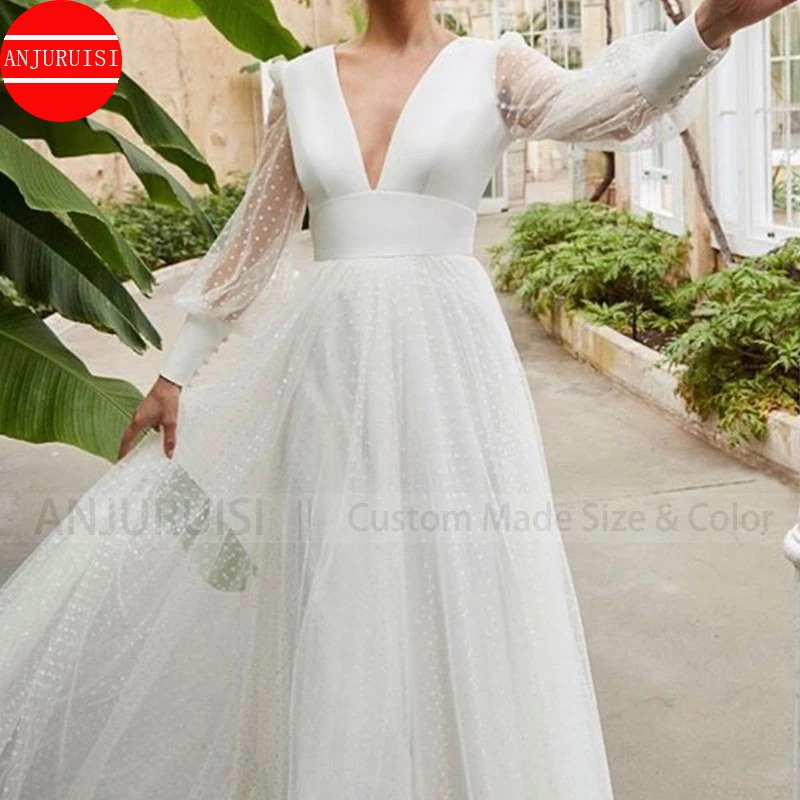 Long Sleeves Wedding Dress A Line Vestido De Novia 2022 Floor Length Sexy V Neck Bride Gown Boho Robe Mariage Boda Trouwjurk