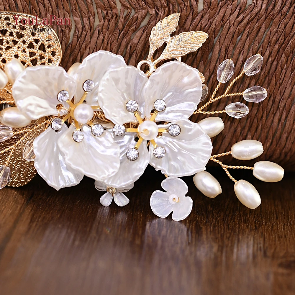 YouLaPan Trendy Crystal Pearl Hair Combs Gold Color Bridal Hair Tiara Head Piece Flower Bridesmaid Side Comb Hair Pins HP269