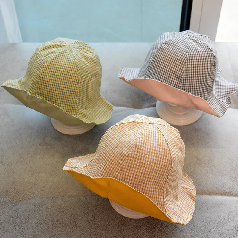 Spring and summer children's cute little lattice basin hat baby can wear fisherman hats on both sides of men and women children'