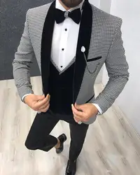 Trajes de 3 piezas para hombre, esmoquin de lana de Tweed clásico Retro de negocios, corte entallado, color gris, para boda (Blazer + pantalones + chaleco)