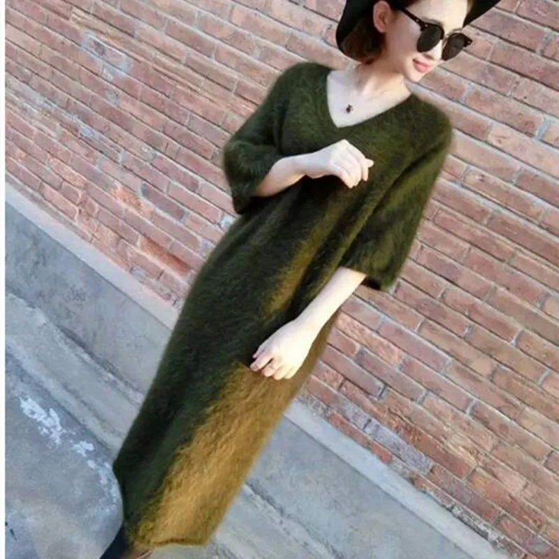 Long hair mink velvet V-Neck Sweater super long dress slim fitting and slim Pullover coat with 7 / 4 sleeves mink fur as base