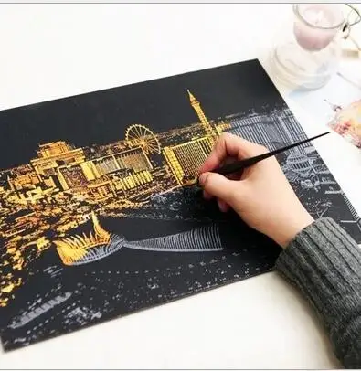 scratch paper view Colorful Famous City Building Night View Magic Art Scratch Painting Paper Drawing Toys