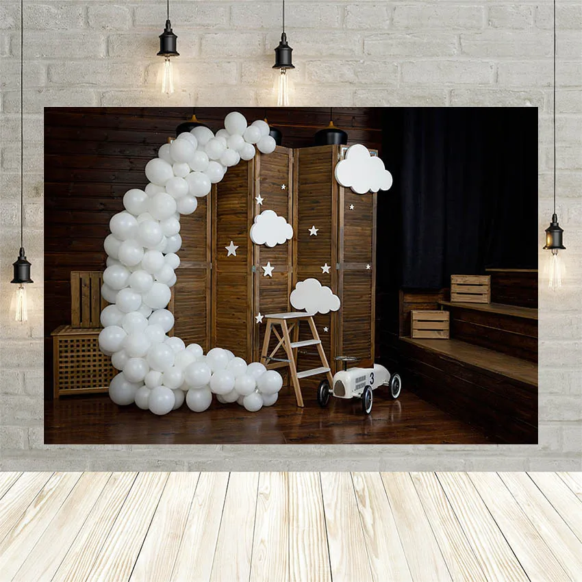 

Avezano Photography Backdrops White Balloons Vintage Wood Wall Floor Stairs Baby Shower Birthday Party Background Photo Studio