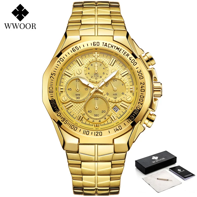 WWOOR Luxury Brand Gold Watches For Mens Waterproof Quartz Sports Wrist Watches Fashion Chronograph Male Clock Relogio Masculino