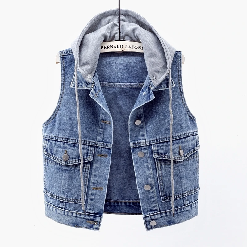 

Summer Korean Removable Hooded Denim Vest Women Sleeveless Jacket Coat Big Pocket Slim Short Blue Jeans Vests Waistcoat Female