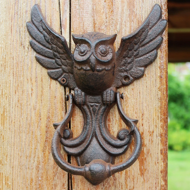 JD American Style Iron Knocker Crafts Vintage Owl Door Knocking Antique Door Handle Garden Home Wall Decoration