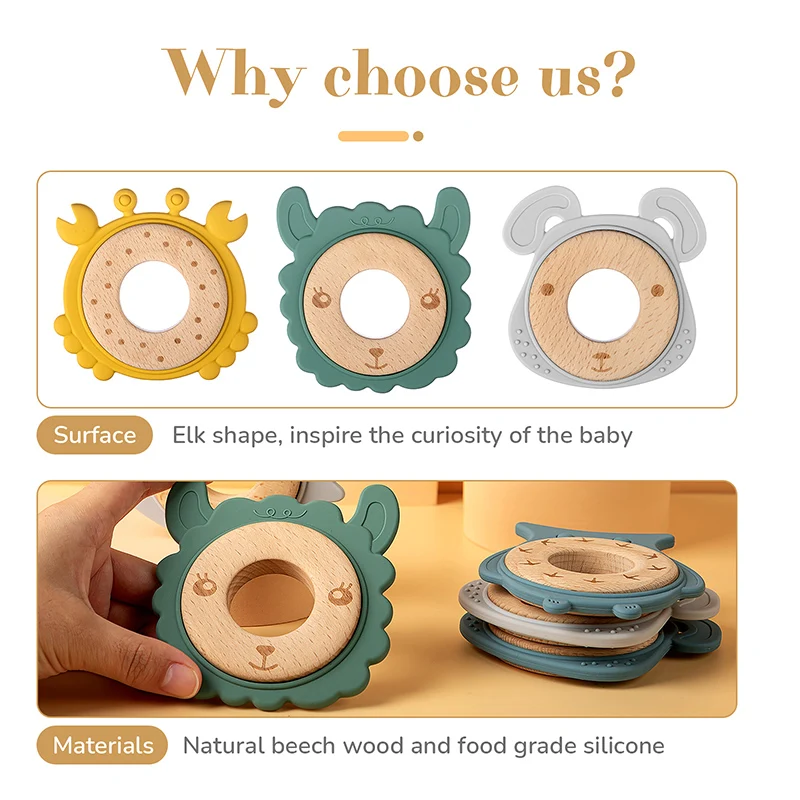 TYRY.HU 1Pc Baby Silicone Teether Wooden Ring Teether Cartoon Animal Shaped Baby Teething Pendant Newborn Gifts Accessories