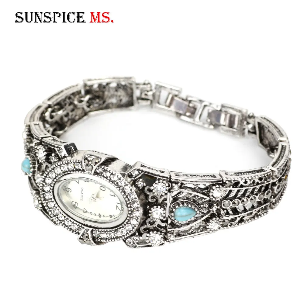 Sunspicems Indian Women Cuff Bracelet Wrist Bangle Watch Oval Watchcase Vintage Silver Color Rhinestone Elegant Festival Gift