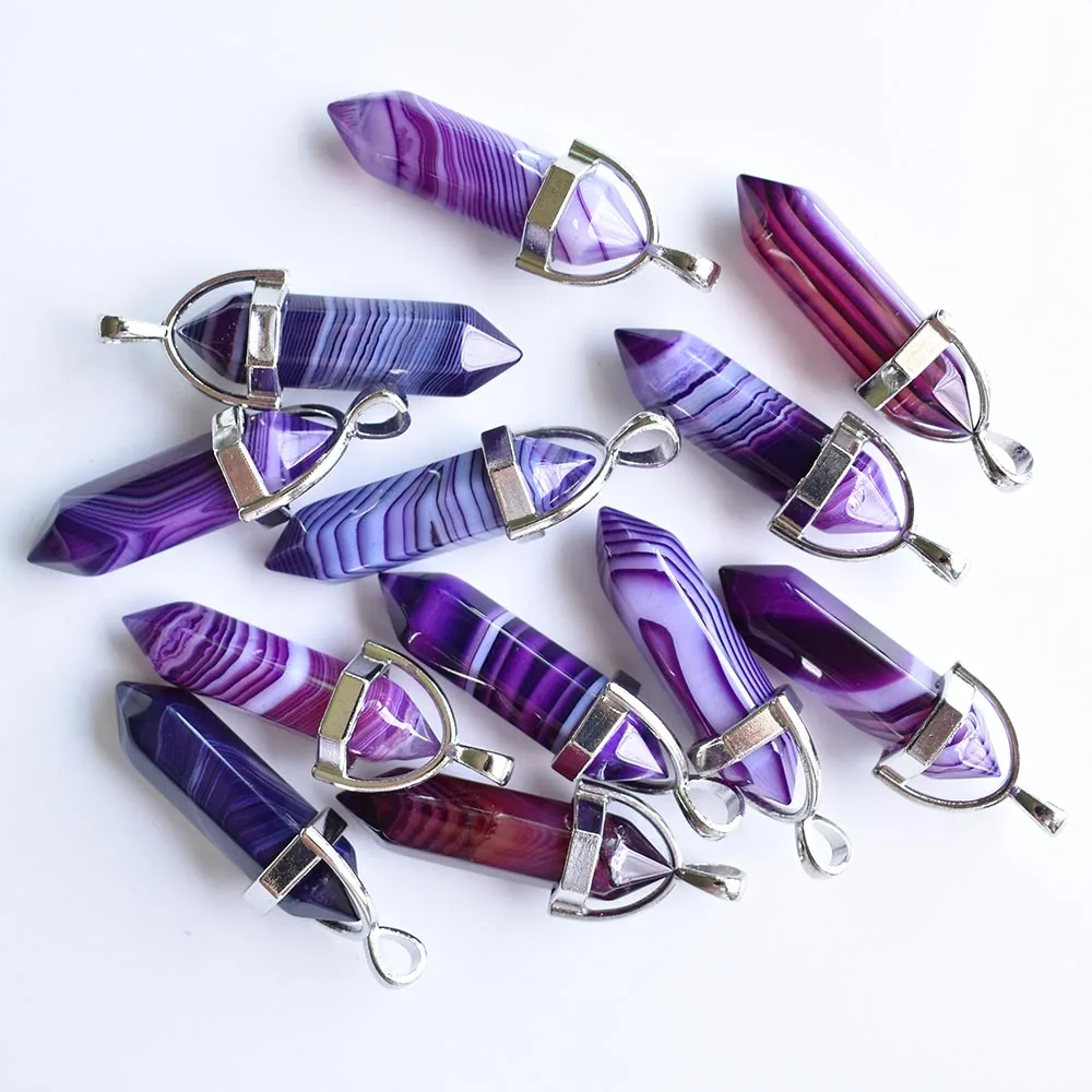 Großhandel 24 Stück/Set hochwertige lila gestreifte Onyx-Säulenform Chakra-Anhänger für die Schmuckherstellung, kostenloser Versand – Detail 3