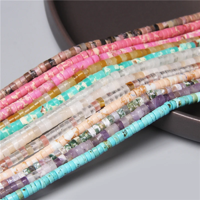 Perles rondes plates en pierre naturelle Rondelle, 2x4mm, Jaspers Agat Jades, perle d'espacement pour la fabrication de bijoux, bracelet, collier, boucles d'oreilles, DIY