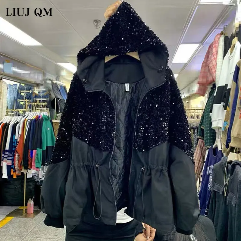 European Winter Jacket New Plus Cotton Thick Hooded Sequined Short Trench Coat Fashion Wind Drawstring Waist Slim Parkas Jacket