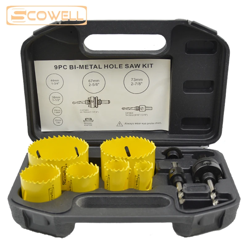 SCOWELL 9pcs, 13pcs HSS Bimetal Holesaw Cutter Kit Drill Bit Hole Saw Metal Wood Stainless Steel Cut Door Hole 19mm -73mm